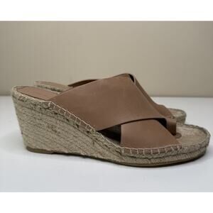 Vince Suraya Wedge Espadrille Womens 11M Beige Leather Toe Ring Slip On Sandal